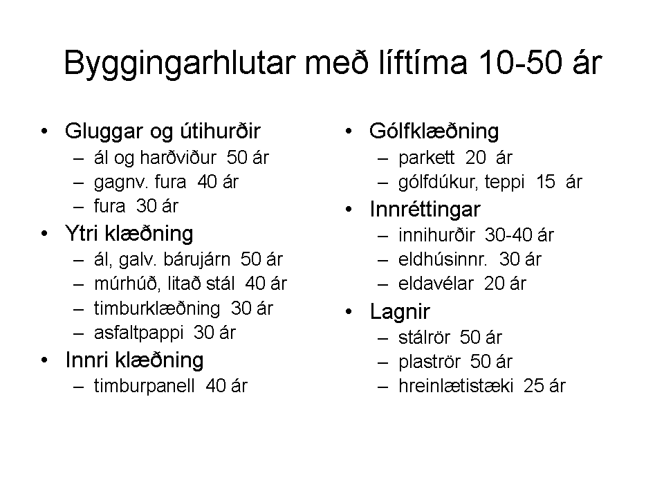 Byggingarefni með líftíma á bilinu 10-50 ár