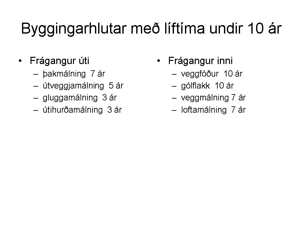 Byggingarefni með líftíma á bilinu 0-10 ár